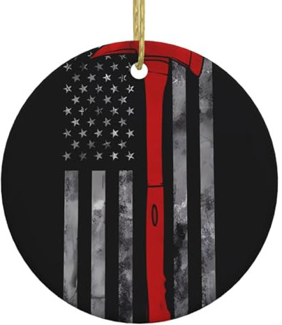 YYHHAOFA Firefighter Axe Red Line Flag picture Christmas Ceramic Round Pendant Decoration - easy hanging -2.9 in