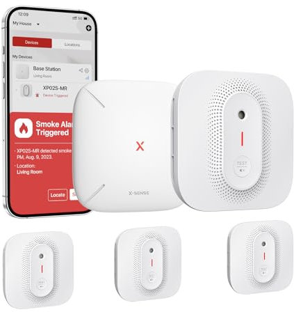 X-Sense Wi-Fi Smoke Alarms for Home with SBS50 Base Station, Wireless Interlinked Smart Smoke Alarm with English Voice Alarm and Location, Replaceable Battery, Transmission Range of 500 m, XP02S-MR31