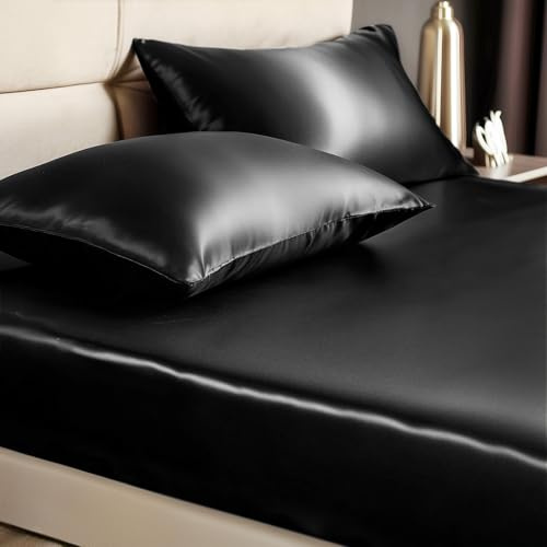 BEDELITE Satin Fitted Sheet & Pillowcases Set, Full Size, Black, 3 Pieces