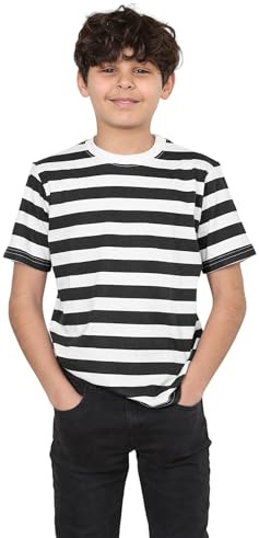Grunge Wear® Children’s Kids Unisex Striped T-Shirt - Boys Girls Crew Neck Short Sleeve Black White Stripes School Book Week Casual Summer Cotton Tee Top (13 Years)