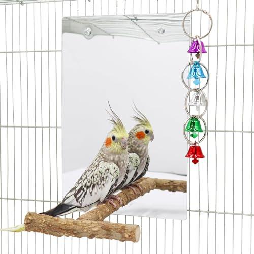 Grand Jouet Miroir pour Oiseaux avec Perchoir, Jouets avec Cloche et Balançoire pour Perruches, Accessoires pour Cages à Oiseaux, Convient aux Perruches, Cockatiels, Conures, Inséparables