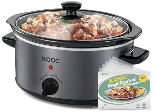 KOOC 4-Quart Slow Cooker, 3 Cooking Settings, Dishwasher Safe Ceramic Crock, Lid, Free Pot Liners Included, GREY, Ellipse Pot