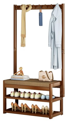 SINBINTA Bambus-Garderobe mit Schuhbank, 2 Ablagen, 8/9 Haken | 3-in-1-Flurgarderobe mit Sitzbank, 2 Schuhablagen und 8/9 Haken für Jacken, Hüte und bis zu 9 Paar Schuhe