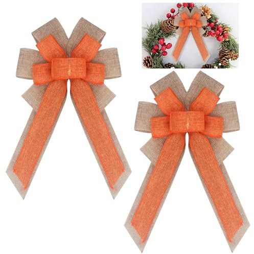 Fnaobai Confezione da 2 grandi fiocchi di iuta pre-legati, per albero di Natale, ghirlande regalo in iuta, decorazioni per Natale, Pasqua, feste, matrimoni, 40 x 20 cm (arancione)