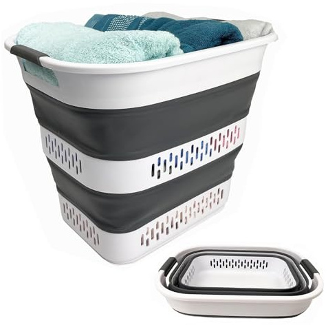 SAMMART Zusammenklappbarer Wäschekorb aus Kunststoff, 40 l, faltbarer Pop-Up-Aufbewahrungsbehälter/Organizer, tragbarer Wäschesammler, platzsparend (1, Weiß/Stahlgrau)