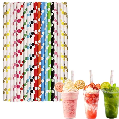 100 cannucce di carta per artigianato, 20,3 cm, con foro da 6 mm, biodegradabili, cannucce usa e getta, cannucce di carta colorata a pois grandi, cannucce per succhi di frutta, cannucce per cocktail