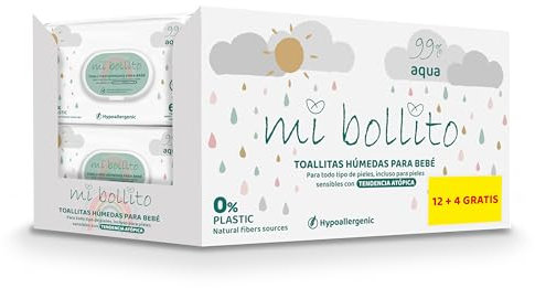 Mi Bollito - Toallitas Bebé - 99% aqua pure - 100% Fibras Vegetales - 960 Toallitas - 12 paquetes+4 gratis - ayudan a restaurar el PH Neutro de la piel del bebé - Ideal para piel Sensible y Atópica.