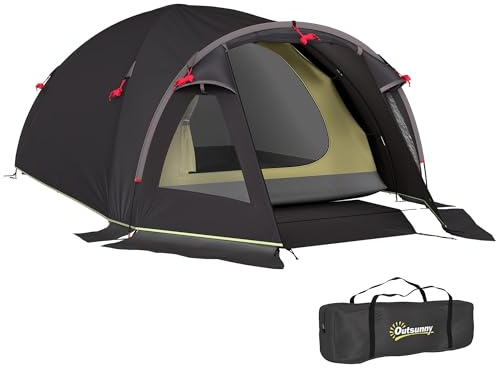 Outsunny Tente tunnel de camping pour 2-4 personnes avec 2 chambres, imperméable 3000mm tente familiale de trekking et de pêche avec porte en filet, fenêtres latérales et sac de transport, 330x190x120