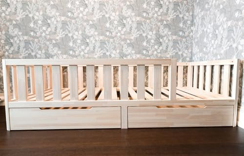 Mandrele - Montessori Bett, Bodenbett mit Lattenrost und Schubladen, Rausfallschutz Bett, Kinderbett, Holzbett mit Bettgestell für Jungen und Mädchen, 80x160 cm, Natur