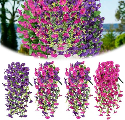 nnOuOnn 4Pcs Artificial Hanging Flowers Outdoor, Fake Trailing Plants Morning Glory Decoration UV-Resistant for Hanging Baskets - Spring Decor Garden Porch Wedding, Drooping Design for Pots & Patio