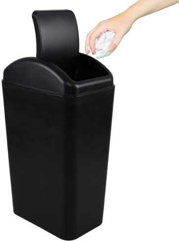Knifefish 1 bote de basura con tapa oscilante, cubo de basura delgado de plástico de 14 L para dormitorio, baño, oficina, color negro