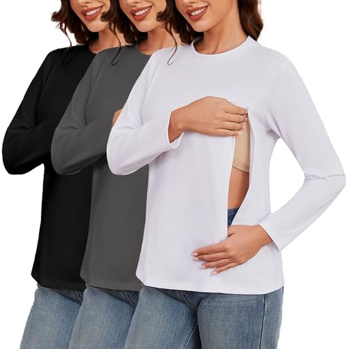 Love2Mi 3-Pack Women's Long-Sleeved Nursing Shirt with Zipper Maternity Wear for Breastfeeding T-Shirts for Pregnant Women, M