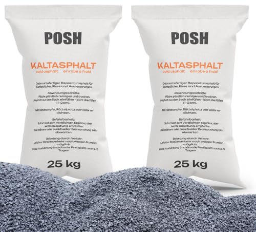 POSH Kaltasphalt 2x 25kg - Gebrauchsfertiger Asphalt-Reparatur-Rissfüller - mit einer Körnung von 0-8 mm - Bitumenanstrich - Universell einsetzbar