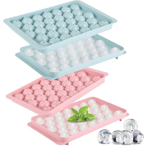 4 Pack Mini Runde Eiswürfelformen mit Deckel Klein Eiskugelform für Gefrierschrank Eiskugelformer Silikon Eiswürfelbehälter mit Deckel Ice Cube Tray Mold für 132 Stk für Bier, Kaffee, Saft Blau/Rosa
