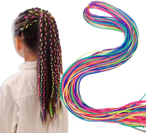 QOCUILC 100 Stück Haarsträhnen Kinder,Haarsträhnen zum Einflechten,Bunte Haarsträhnen Kinder,7 Farbige Silberdrähte mit Farbverlauf Haare zum Einflechten,DIY Erhältlich,Mädchen Geschenke