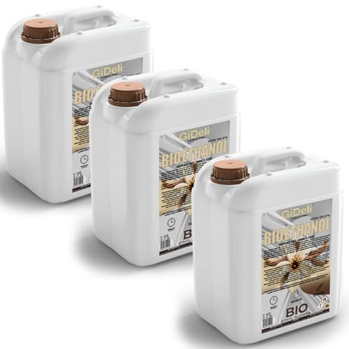GiDeli Bioetanol 3 x 10 l de aroma a vainilla 96,6% etanol para chimeneas interiores y exteriores, sin humo ni hollín, de maíz y remolacha azucarera