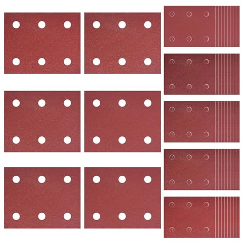 50 Pièces Papier de Verre, Papier Abrasif à 6 Trous, 40/60/80/100/120 Grains Abrasives Papier, Papier Ponceuse Rectangulaire, Pour Polissage Et Dérouillage Convient pour Ponceuse Rectangulaire