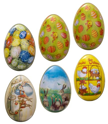 FUNOMOCYA 6Pcs Easter Egg Candy Boxes Metal Storage Case Set for Cookies and Party Treats, Portable Easter Biscuit Holder and Favor Container, Spring Holiday Decor