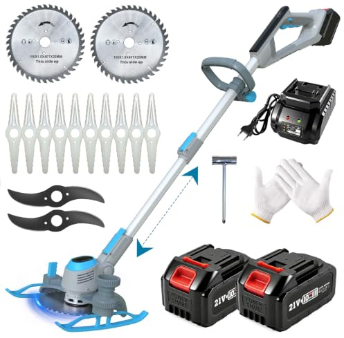 Desbrozadora Bateria 21V, Desbrozadora Electrica, Cortabordes Bateria con 2 baterías y 3 Tipos de Cuchillas, Telescópico, Cabezal Pivotante 90° para Césped Jardín Poda, Gris