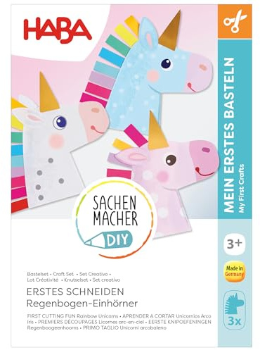 HABA Sachenmacher Erstes Schneiden Regenbogen-Einhörner (3er Set) – Schneiden Lernen ab 3 Jahren, Einhorn Bastel-Set für Kinder, Kindergarten, Kita & Zuhause