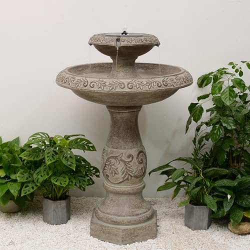 Bumilgar 93cm Zweistufiger Solarbrunnen mit Vogelbad aus Kunstharz in Steinoptik – Verzierte Säulen, Garten-Wasserspiel für Garten, Terrasse und Veranda, Grau