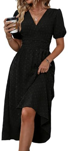 HUXRAKV Casual Wrap Summer Dresses for Women UK Elegante Ladies V Neck Lantern Sleeve Ruffled Waist Maxi Dress Boho Beachdress,51-Black,L