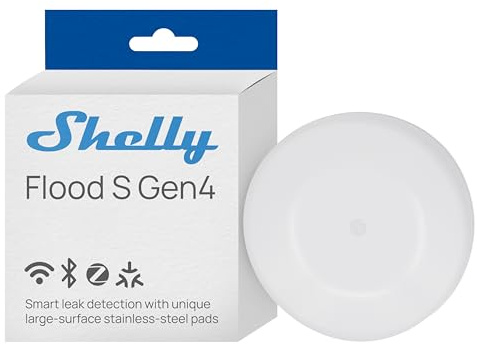 Shelly Flood S Gen4 – Détecteur de Fuite d'eau, Wi-FI 6, Zigbee 3.0, Matter et Bluetooth, Plaquettes INOX intégrées, 3 Modes d'alarme, Alertes Application, Commande vocale, Pile CR123A 2 Ans