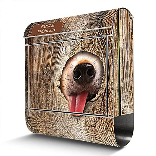 banjado® Briefkasten Edelstahl personalisiert mit Motiv Rumschnüffeln 38x43x12cm & 2 Schlüssel - rostfreier Edelstahl Briefkasten mit Zeitungsfach - Postkasten A4 Einwurf inkl. Montagematerial