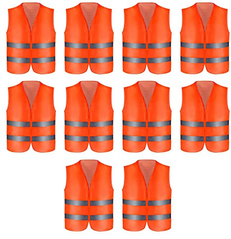 Trintion 10 Stück Warnwesten Pannenweste Unfallweste Pkw Sicherheitsweste Warnwesten Auto Orange Auto Sicherheitsweste 360° Sichtbarkeit für Auto und am Arbeitsplatz