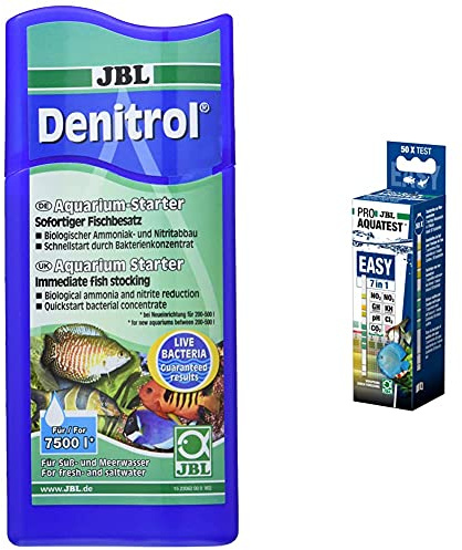 JBL Denitrol 2306200 Aquarium-Starter, Bakterienstarter, Für Süß- und Meerwasser-Aquarien, Neueinrichtung, Wasserwechsel, 250 ml & Aquarienwasser-Teststreifen, 50 Teststreifen, PROAQUATEST Easy 7in1