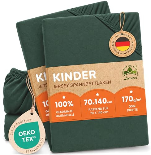 leevitex Premium Kinder Spannbettlaken, 70x140cm, Für Babybett & Kinderbett, 2er Set, 100% hochwertige Mako-Jersey-Baumwolle, Öko Tex Zertifiziert, Dunkelgrün