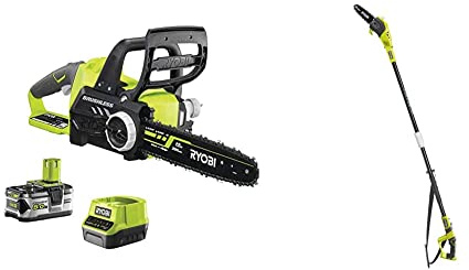 Ryobi RCS1830-150 18V ONE+ Cordless Brushless 30cm Chainsaw Kit (1 x 5.0Ah) & ONE+ 18V OPP1820 Cordless Pole Pruner, 20cm Bar (Body only)