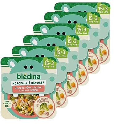 Blédina Morceaux à Dévorer - Petits Plats Bébé - Brocolis, Pâtes, Jambon & Touche de Crème - Dès 15 Mois - Le Pack de 6 Plats de 200g