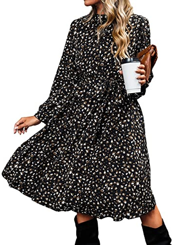 CUPSHE Abito midi da donna A-Line Flowy Swing Lights Stampa Maculata Manica Lunga Collo Alto Volant Autunno Casual Party Cocktail Dress, multicolore, L
