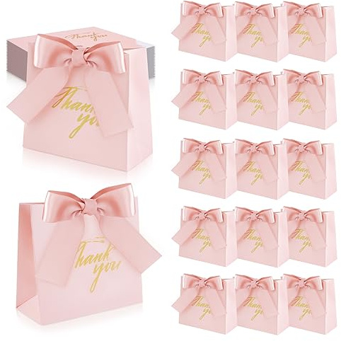 SHAIDOJIO 24 Pièces Thank You Sac à Cadeau Sachet Créative en Papier, Coffret Cadeau pour Bonbons, Bow Thank You Sac à Cadeau pour Anniversaire, Mariage Baptême(4.5x1.8x4 Pouces)-Couleur Rose