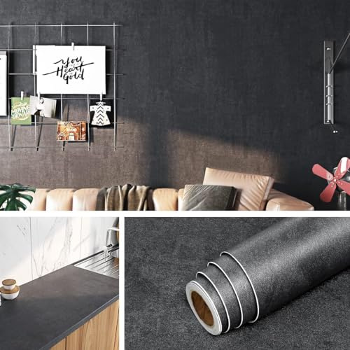 Livelynine Selbstklebende Tapete Schwarz Betonoptik 40CMx10M Abwaschbar Folie Arbeitsplatte Küche Schwarz Anthrazit Klebefolie Küchenschränke Grau Anthrazit Wand Möbelfolie Selbstklebend Tischplatte