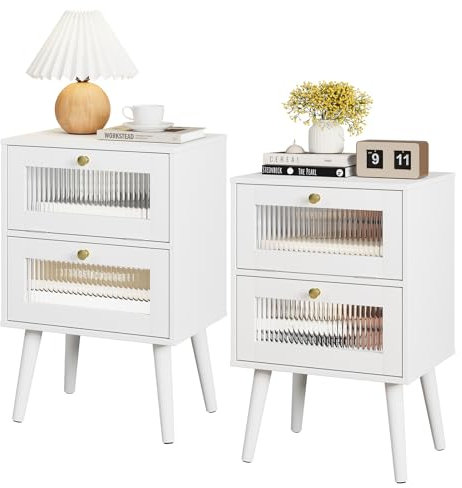 RRX White Bedside Table Set 2 for Bedroom,Night Stand with Glass Flip Door and Drawer, 30L x40W x 60Hcm Bed Side Table for Bedroom,Small Table with Drawer