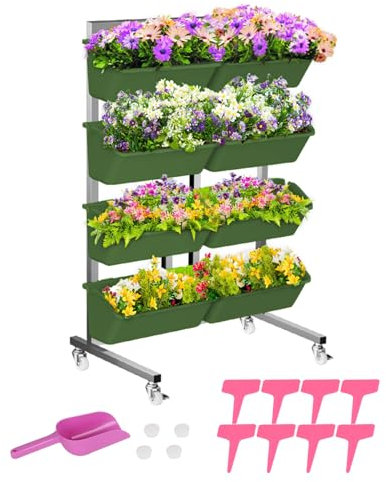 Vertikales Hochbeet mit 4 Etagen, Edelstahl Mobiler Blumenkasten Blumentreppe Pflanztreppe, Gemüsebeet Kräuterbeet Pflanzkübel Frühbeet Blumenbeet, Vertikalbeet für Garten Terrasse Balkon (Dunkelgrün)