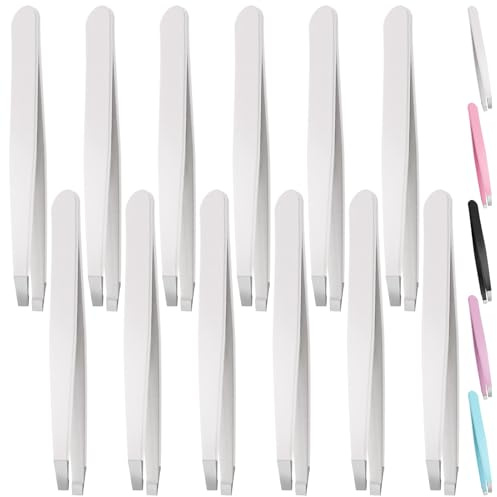 Swpeet Juego de 12 pinzas de precisión de punta inclinada de acero inoxidable blanco de 9,6 cm, depiladora profesional de cejas, facial y vello