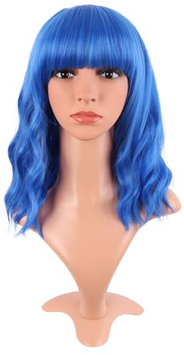 MapofBeauty 14 Pulgada/35 cm Corto Wavy Bob Pelucas Con Flequillo Shoulder Largo Rizo Pelucas Flat Bang Cabello Sintética Fiesta Peluca (Azul)
