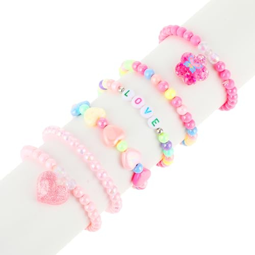 ASTER Kids Bracelets for Girls - 6 Pcs Pink LOVE Butterfly Beaded, Adjustable, Glittery Girly Colorful Smooth Bracelets for Birthday Party