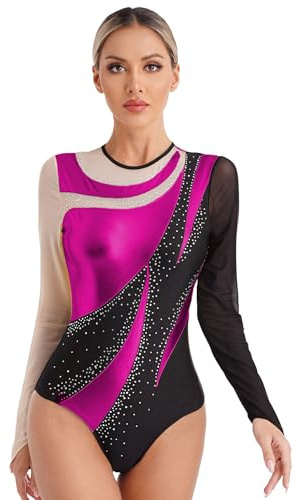 Oyolan Damen Glitzer Ballettanzug Langarm Turnanzug Leotard Body Ballett mit Strass Eiskunstlauf Tanzbekleidung