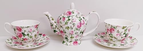 Rainbow Decors Ivy Rose Service à thé pour 2 personnes en porcelaine anglaise 5 pièces 1 théière, 2 tasses et 2 soucoupes Décoré à la main au Royaume-Uni