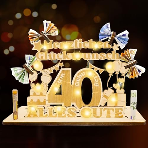 Idota 40 Geburtstag Geschenk Frauen & Männer - Geldgeschenke Geburtstag | Holz-Schild Gästebuch 40 Geburtstag Frauen Deko Geschenke mit LED Lichterketten,Personalisiertes Geschenke,40 Geburtstag