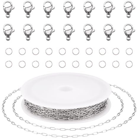 FASHEWELRY 5 m lange Edelstahl-Büroklammer-Kettenglieder, Großpackung, DIY-Halskette, Armband, Schmuckherstellung, Set mit Biegeringen, Karabinerverschlüssen