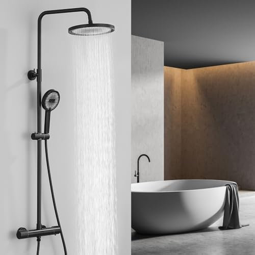 HOMELODY Sistema doccia con termostato, nero, set completo con 3 tipi di getto, doccetta e soffione rotondo da 25 cm, doccia a pioggia con rubinetto, set doccia per bagno