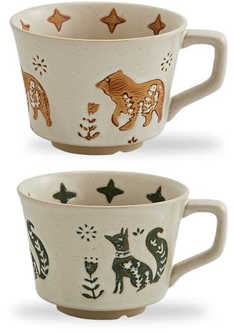 Swuut 350 ml Vintage Ceramic Coffee Mug Set of 2 - Handmade Stoneware Pottery Countryside Farmhouse Fall Autumn Tea Mugs with Big Handle for Latte,Cocoa,Dishwasher & Microwave Safe Cups (Animals)