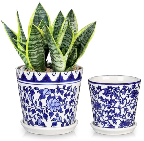 Hollyone Set of 2 Blue and White Porcelains, 14CM 11CM Ceramic Plant Pots with Drainage Holes and Saucers, Decorative Garden Pots Handmade Planters for Orchid, Succulents, Cacti, House Plants