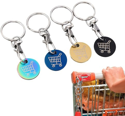 Kisstta 4 stycken kundvagnslösare i rostfritt stål med nyckelring, nyckelring, kundvagnslösning av metall, avtagbart kundvagnschip för alla kundvagnar, Guld svart blå färgad, M