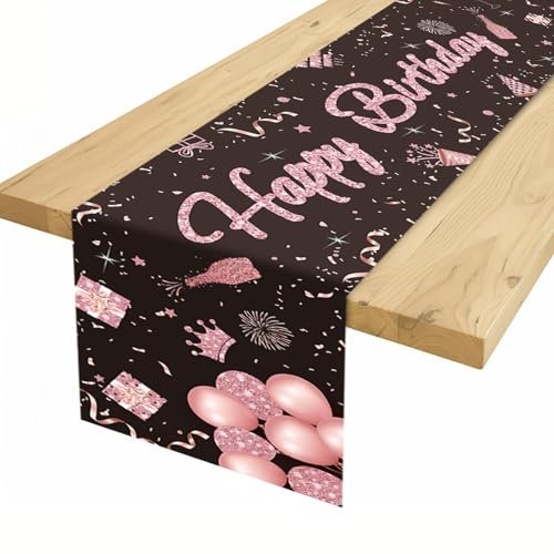 Sowide Tischläufer Geburtstag Roségold, Happy Birthday Rosa tischläufer geburtstagsdeko, tischdeko Geburtstag für Frauen Mädchen, Table Runner Birthday Decorations Party Dekoration, 180 x 35 cm